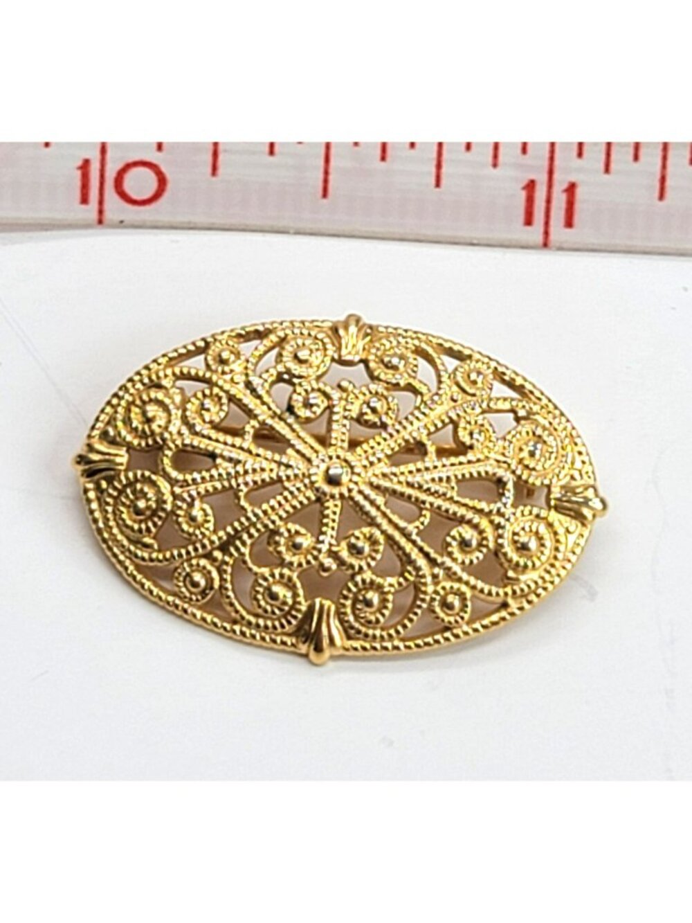 Gold Tone Oval Brooch Pin Filigree Fashion Accent 1980's Style or Doll Acc. DH77